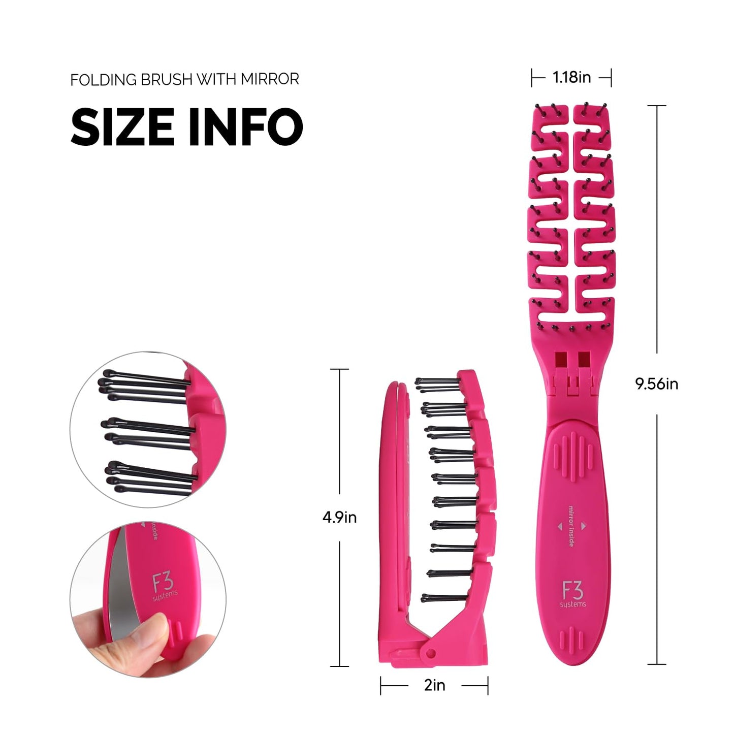 Compact Folding Hair Brush with Mirror - Detangling Comb for Adults & Kids, Portable for Travel & Storage, Wet & Dry Hair