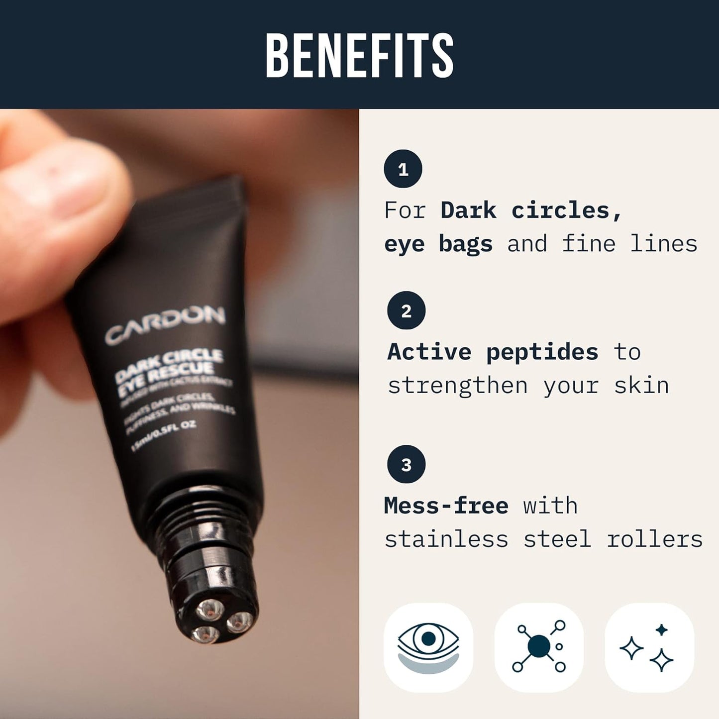 Cardon | Dark Circle Rescue for Men and Women | under Eye Roller Eye Stick Massager for Puffy Eyes, Dark Circles, Bags, Wrinkles | Made with Peptides, Niacinamide, Hyaluronic Acid